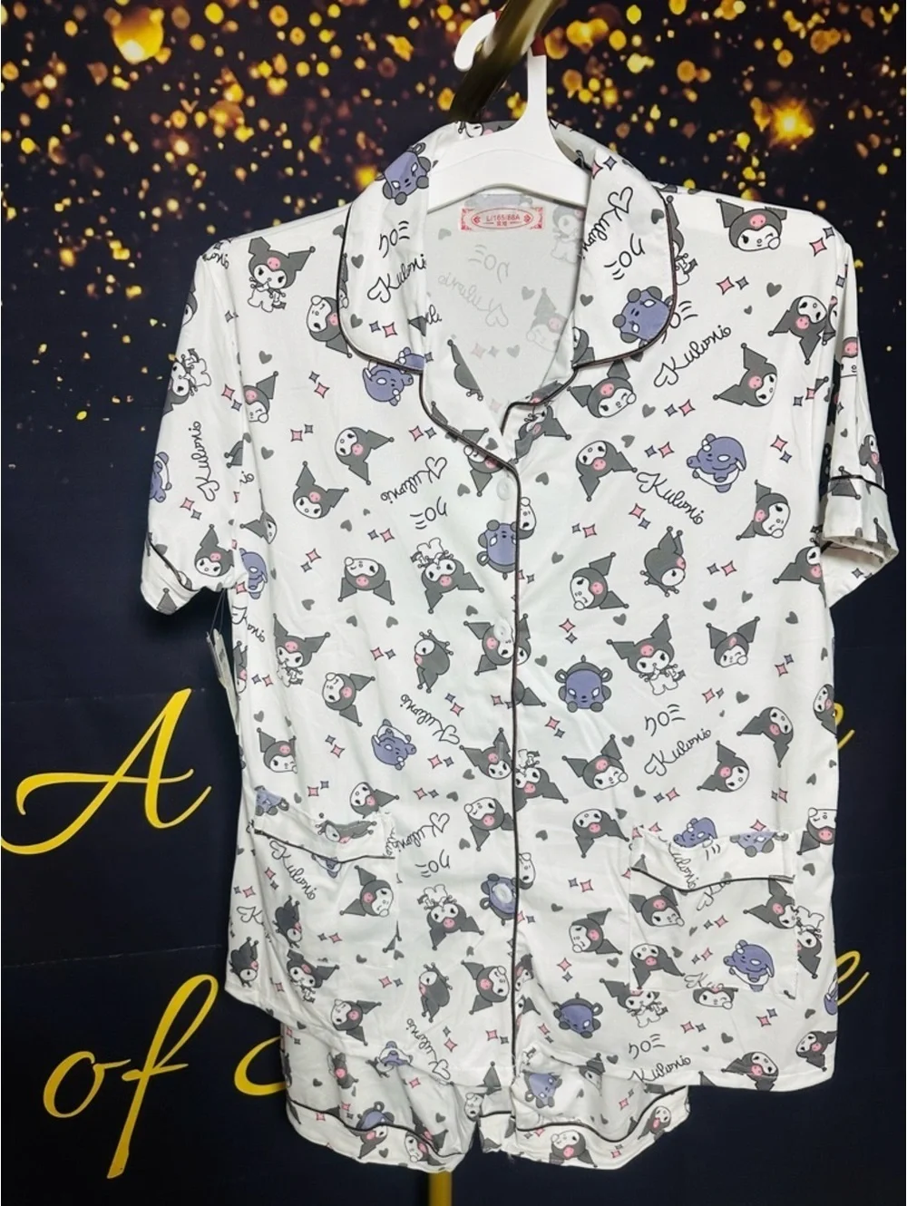 Kumari Womens Large 3 Piece Pajama Set Cat Print Button Top Shorts Pants PJs